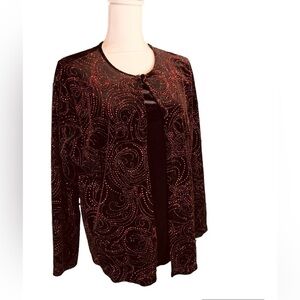 Kim Rogers Women’s XL Black Velvet with Red Sparkle Long Sleeve Top Blouse